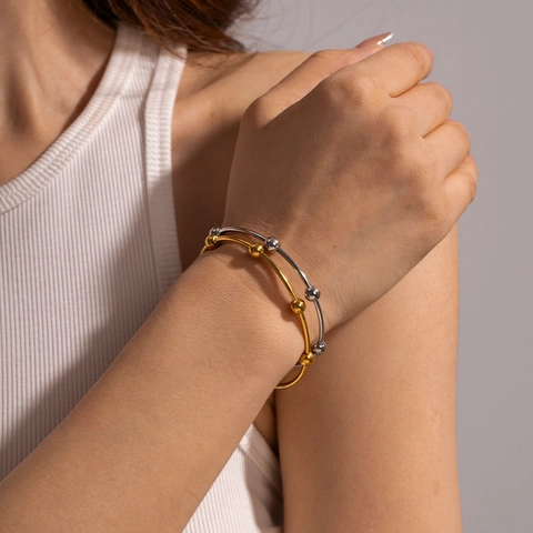 Minimalist Stainless Steel Open Cuff Bracelet With Metal Beads Fashion Geometric Bangle For Women Gold Silver Plated Jewelry