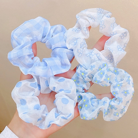 Floral Plaid Polka Dot Scrunchies Fabric Elastic Hair Ties Sweet Colorful Chiffon Tulle Ponytail Holders For Women Girls