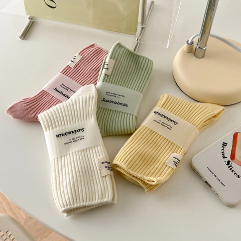 Women Crew Socks Cotton Ribbed Breathable Soft Japanese Style Macaron Solid Color Decorative Fabric Tag Design