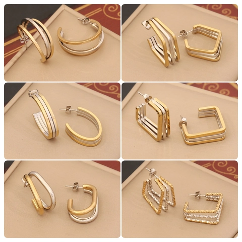 Geometric Stud Earrings With Stainless Steel Earring Post Bicolor Gold And Silver Plated Multi Layered C Shape Fashion For Women