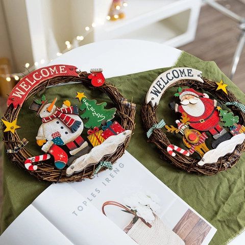 Ghirlanda Di Natale Decorazione Sospesa In Rattan Con Babbo Natale Pupazzo Di Neve Insegna Welcome Ornamento Legno Decorazione Muro