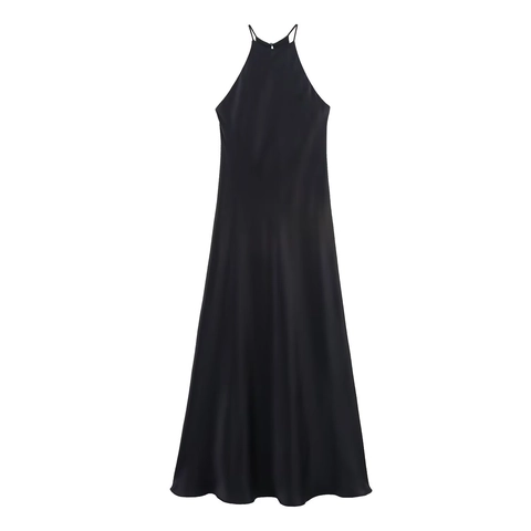Women Elegant Black Halter Satin Midi Dress Minimalist Sleeveless Backless A-Line Evening Party Dress Summer Fashion