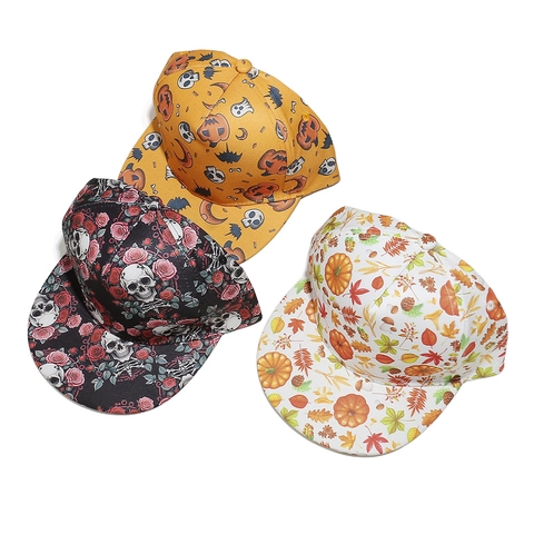 Halloween Hip Hop Baseball Cap Polyester Printed Flat Brim Hat Skull Pumpkin Ghost Eagle Flag Snapback Sun Hat For Men Women
