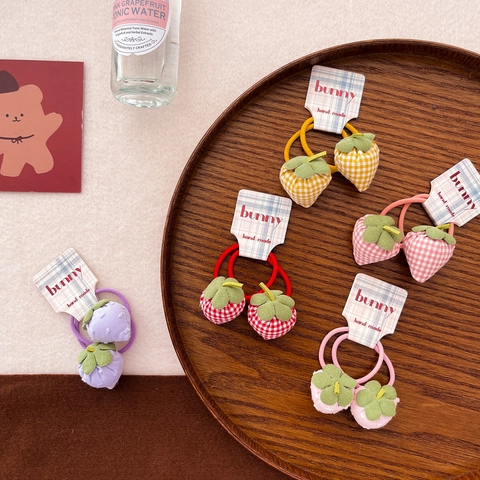 Kids Strawberry Hair Ties Fabric Plaid Handmade Fruit Elastic Ponytail Accessories For Girls