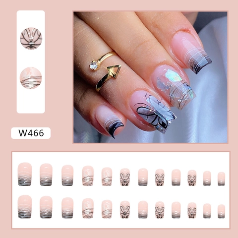 Black Gradient Press On Nails Butterfly Pattern Square Fake Nails Elegant Ins Style French Manicure For Women