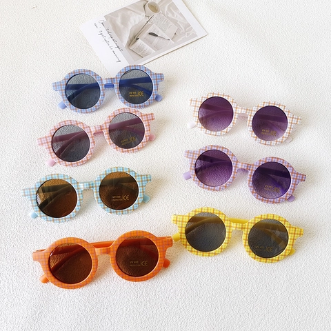 Kids Round Sunglasses Plaid Checkerboard Frame UV400 Protection Fashion Eyewear For Boys Girls Outdoor Lightweight