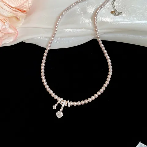 Collana Di Künstliche Perle Sintetiche Rosa Con Pendente A Fiocco In Zircone Elegante Catena Da Clavicola In Rame Per Donna