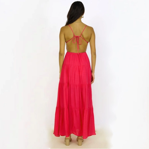 Vestito Maxi Sexy Schiena Scoperta Donna Vacanze Estive Cotone Arricciato A Balze Spalline Sottili Stile Boho