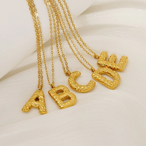 18K Gold Plated Stainless Steel Initial Letter Pendant Necklace Lava Hammered Texture Personalized Jewelry For Women