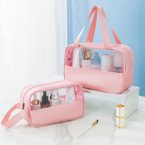 Große Kosmetiktasche Klarsicht PVC PU Leder Tragbare Reise Kulturbeutel Aufbewahrungstasche Wasserdicht Transparent Mit Griff