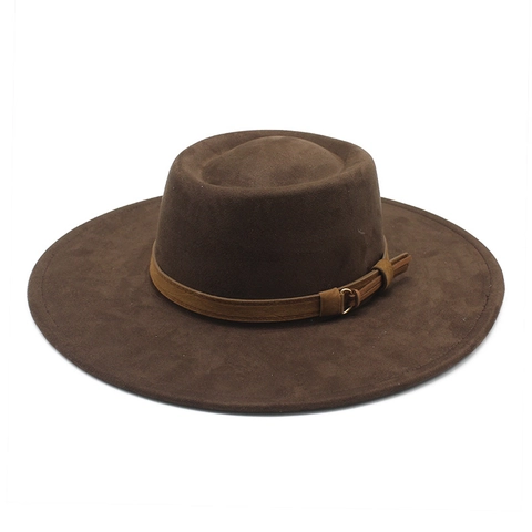 Sombrero Fedora De Ala Ancha Y Copa Plana Ante Sintético Retro Fieltro Western Boater Con Cinturón De Cuero Hebilla De Metal Para Mujeres