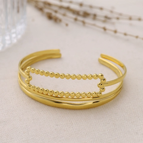 18K Gold Plated Stainless Steel Open Bangle For Women Geometric Double Layer Beaded Rectangle Frame Cuff Bracelet Jewelry