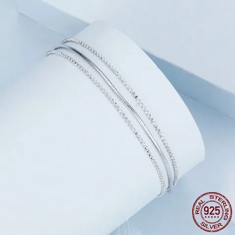 Autentico Bracciale in Argento Sterling 925 a Tre Strati per Donna Elegante Ciondolo a Cuore Catena a Serpente Regolabile