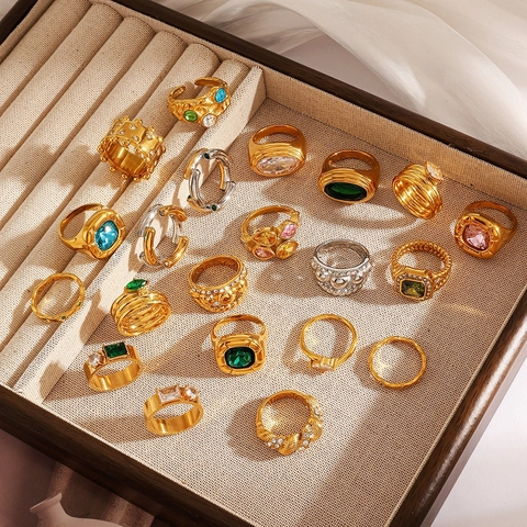 Anello In Acciaio Inossidabile Placcato Oro 18K Impermeabile Geometrico Zircone Colorato Gioielli Per Donna Vintage