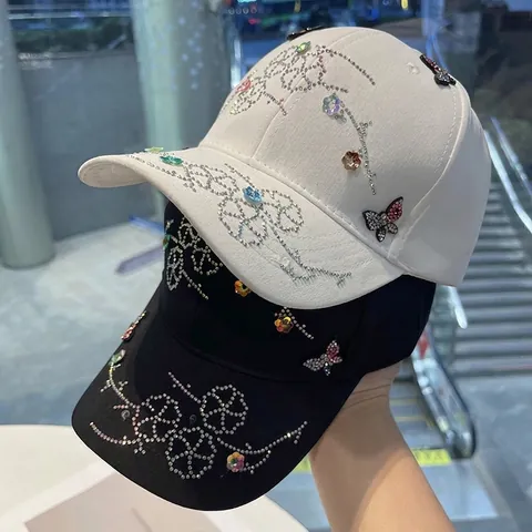 Women Rhinestone Butterfly Baseball Cap Cotton Polyester Adjustable Sparkling Floral Sun Protection Fashion Hat
