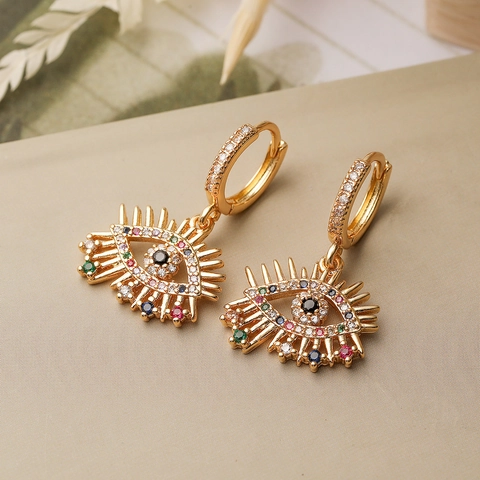Evil Eye Drop Hoop Earrings Copper Gold Plated Colorful Zircon Inlaid Turkish Style Fashion Jewelry Women