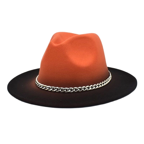 Fedora Hat Wide Brim Wool Felt Texture Gradient Color Patchwork With Metal Chain For Men Women Outdoor Jazz Style