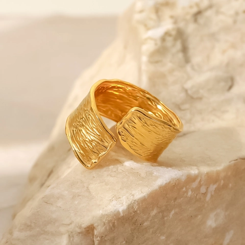 Crumpled Texture Open Ring 18K Gold Plated Stainless Steel Wrinkled Tree Bark Minimalist Adjustable Jewelry For Women