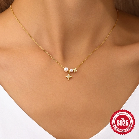 Collana In Argento Sterling 925 Con Perla Artificial E Ciondolo Stella A Otto Punte Zircone Gioielli Eleganti Placcati Oro Per Donna