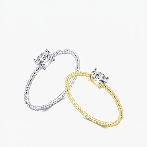 Anillo de Plata de Ley 925 para Mujer Minimalista Patrón Trenzado Onda Zirconia Ovalada Chapado en Oro Plata Joyería