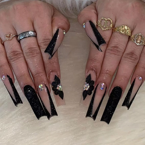 Long Ballerina Press On Nails With 3D Flowers And Rhinestones Black Pink Glitter Dark Style Artificial Nails