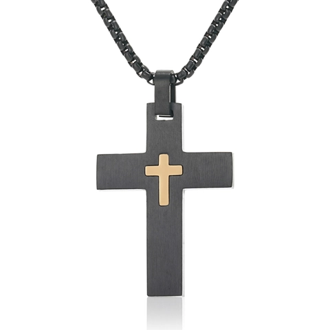 Collier Pendentif Double Croix En Acier Inoxydable Homme Noir Or Bleu Bijoux De Mode Religieux