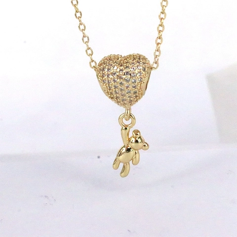 Collier Pendentif Ours En Peluche Et Perle Coeur Zirconium Cuivre Plaqué Or 18K Chaîne Clavicule Bijoux Pour Femmes