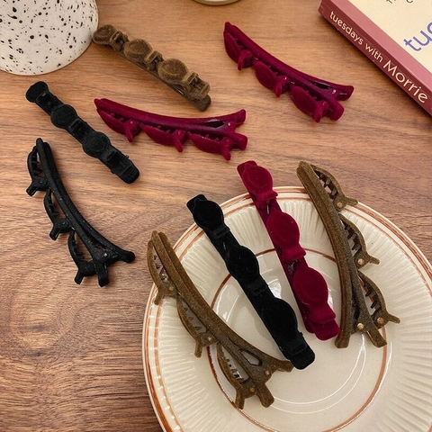 Korean Style Flocked Braided Hair Clip Double Layer Duckbill Clip For Women Side Bangs Fixing Elegant Floral Hair Decor