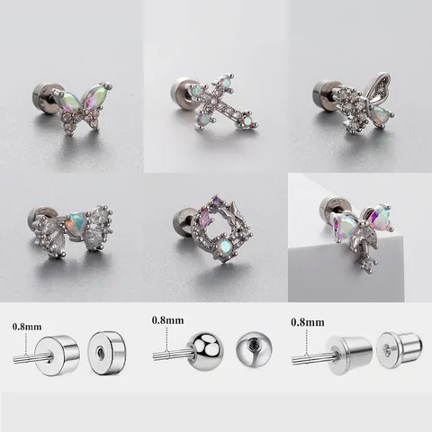 Titanium Stainless Steel Butterfly Cross Bow Cartilage Stud Earrings Zircon AB Rainbow Screw Back Piercing Women