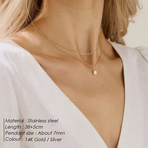 Elegante Collana in Acciaio Inossidabile a Doppio Strato da Donna Oro Argento Perla Artificiale Catena Gioielli di Moda