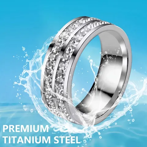 Stainless Steel Eternity Band Ring Square Cubic Zirconia Multi Row Trendy Elegant Hand Jewelry For Women Men