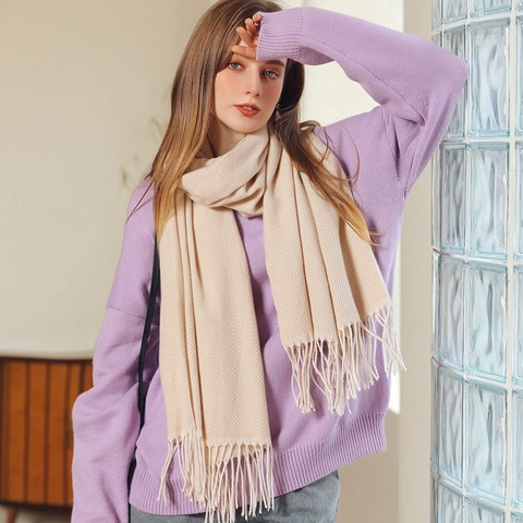 Women Winter Scarf Faux Cashmere Herringbone Pattern Tassels Warm Soft Long Pashmina Wrap Solid Color