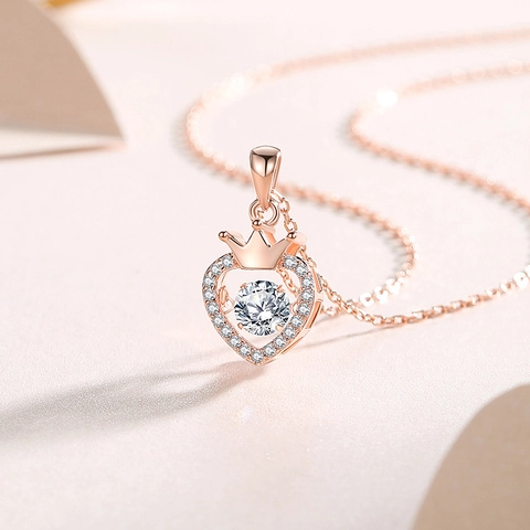 Collana con Ciondolo a Cuore Corona con Pietra Danzante in Argento Sterling 925 per Donna Elegante Gioiello con Moissanite e Zirconia