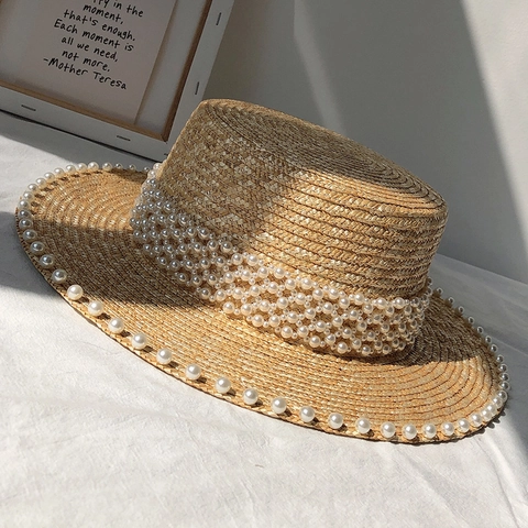Elegant French Style Flat Top Straw Hat With Artificial Pearl Embellishment Wide Brim Sun Hat For Women Beach Vacation Decor