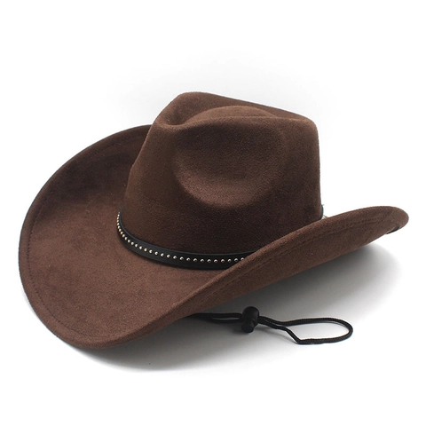Cappello Da Cowboy Western Retro In Pelle Scamosciata Con Cinturino In Pelle Con Borchie E Cordino Antivento Regolabile