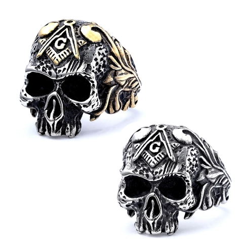 Retro Totenkopf Ring Edelstahl Freimaurer Symbol G Quadrat Kompass Geschnitzter Biker Punk Gotik Schmuck Für Herren