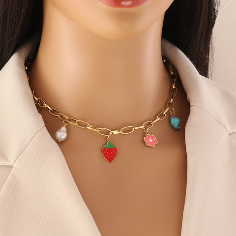 Edelstahl Schmuck Halskette Armband Ohrringe Mit Erdbeere Blume Schmetterling Anhänger Süß Gold Für Frauen