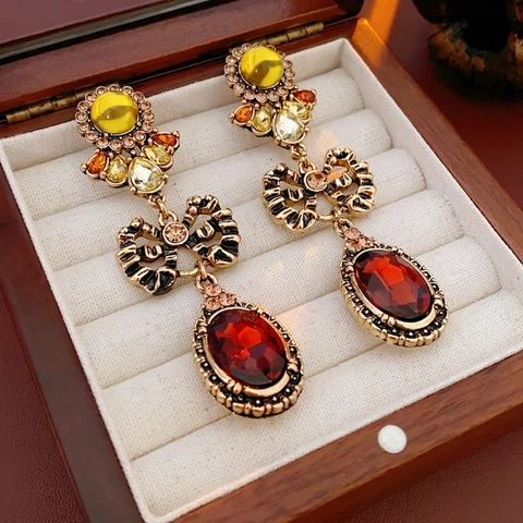 Orecchini Pendenti Stile Palazzo Vintage Con Silver Earring Post Lega Strass Fiocco Pietra Rossa Ovale Gioielli Donna