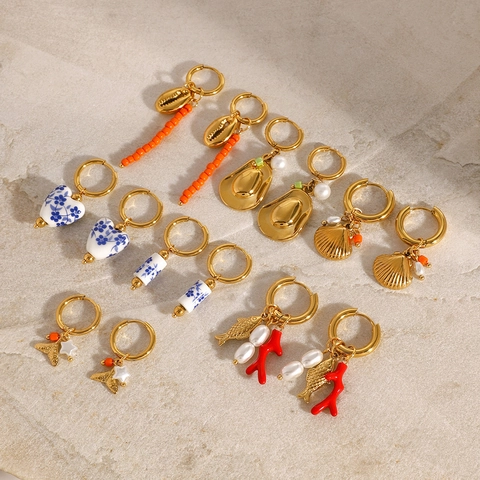 Pendientes de Aro Bañados en Oro de Acero Inoxidable Con Sombrero de Vaquero Perla Artificial Patrón de Porcelana Azul y Blanca