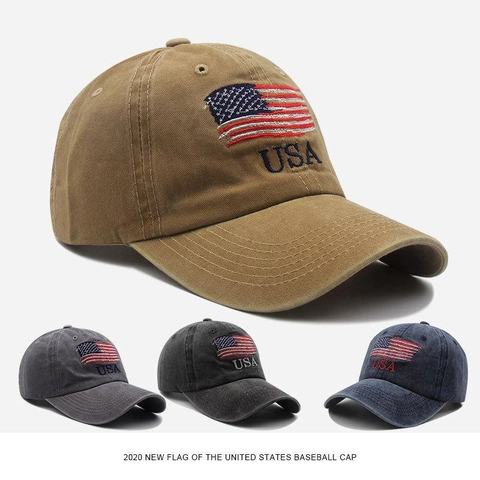 Baseball Cap Washed Cotton US Flag USA Embroidery Distressed Curved Brim Vintage Retro Sun Protection Unisex