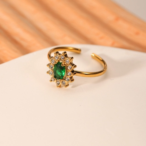 Edelstahl Offener Ring Smaragdgrün Zirkon Sonnenblume Verstellbar Fingerschmuck Damen Vergoldet Retro Stil