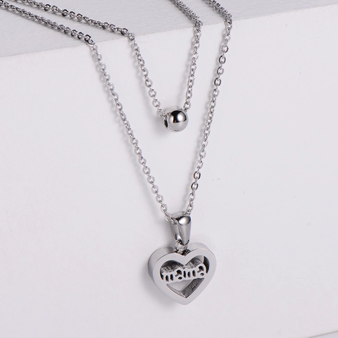 Stainless Steel Double Layer Necklace And Ball Stud Earrings Hollow Heart Pendant Women Mama Sister Gift Gold Plated