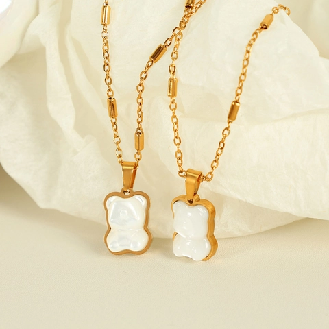 Gold Plated Stainless Steel Bear Pendant Necklace With White Mother Of Artificial Pearl Shell Minimalist Chic Jewelry For Women