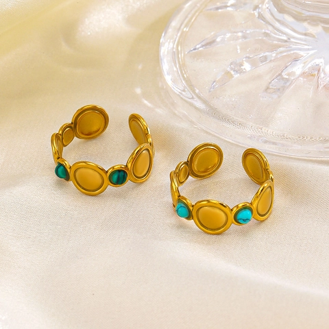 Geometric Circle Open Ring Stainless Steel Gold Plated Adjustable Malachite Turquoise Inlay Vintage Bohemian Jewelry For Women