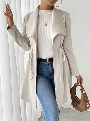Women Elegant Trench Coat Lapel Drawstring Waist Long Cardigan Polyester Casual Outerwear