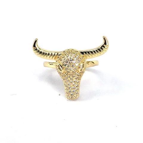 Bague Ouverte Tête de Taureau en Cuivre Incrusté de Zirconia Hip Hop Mode Bohême Réglable Or Bague Animal Femme
