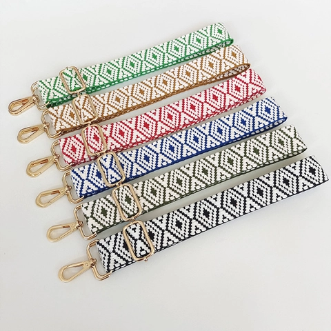 Adjustable Bag Shoulder Strap Replacement Wide Woven Polyester Webbing Ethnic Geometric Pattern Gold Hooks Crossbody Handle