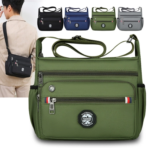 Bolso Bandolera Hombre Nylon Impermeable Multi Bolsillos Gran Capacidad Negocios Casual Bolso Mensajero Con Agujero Auriculares