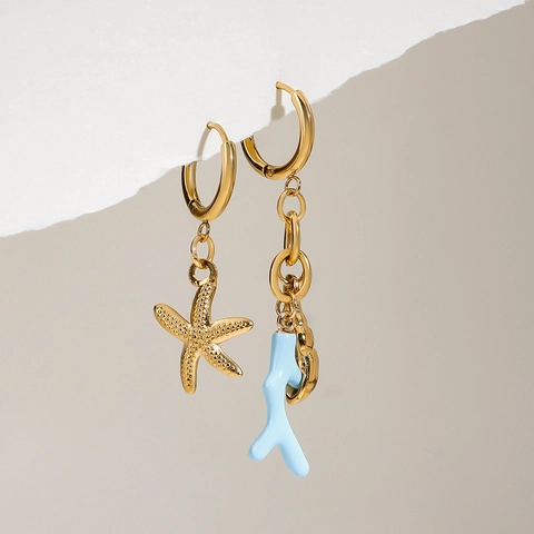 Boucles D'oreilles Créoles Asymétriques Océan Étoile De Mer Coquillage Corail Bleu Acier Inoxydable Étanche Bijoux De Plage