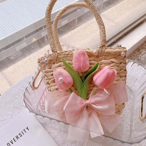 Französische Gewebte Strohhandtasche Stoff Tulpe Künstliche Perle Organza Schleife Romantische Sommer Strand Umhängetasche Für Damen